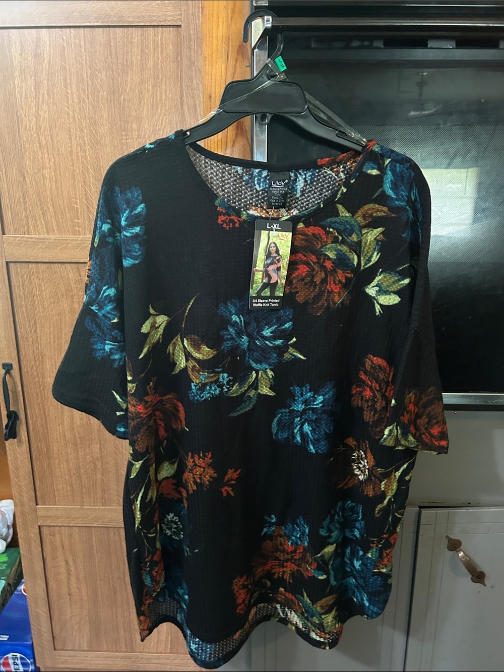 Women's Black Floral Short Sleeve Tunic - Teal & Rust Accents